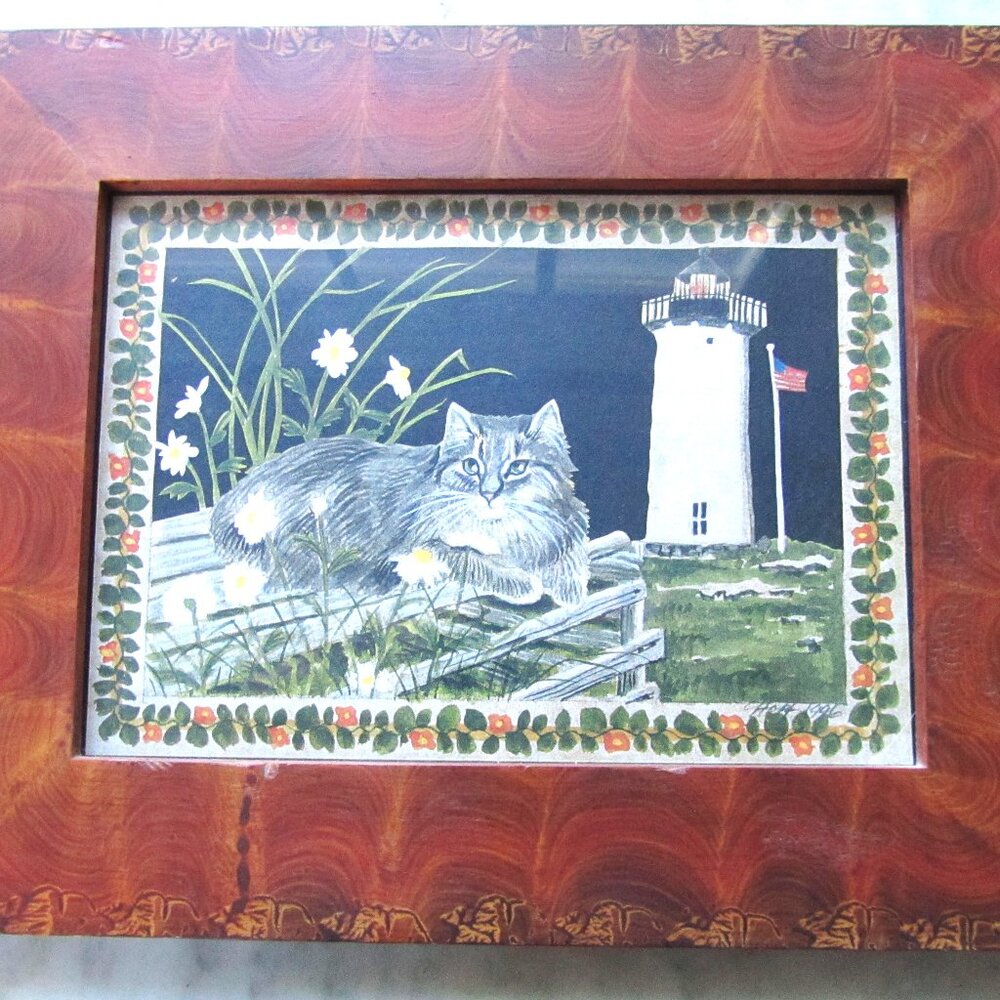 Claudia Hopf  Scherenschnitte Limited Edition 1996 Cat Print Burled Wood Framed